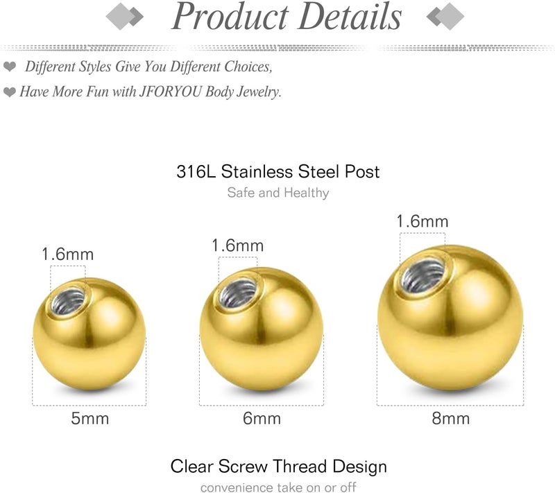 JFORYOU 14G Replacement Balls for Piercing Jewelry 18Pcs Externally Threaded Surgical Steel Balls Industrial Barbell Tongue Nipple Navel Belly Button Piercing Rings Parts 5MM-8MM - Image 2